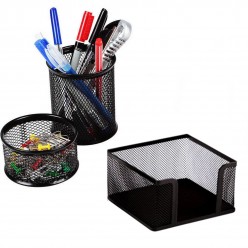 Masaüstü 3'lü Set Metal Siyah Kalemlik + Ataşlık + Küp Notluk Siyah