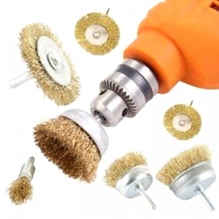6 Parça Pimli Matkap Tel Fırça Seti Saçaklı Fırça (38mm+50mm+75mm+100mm) Dairesel +25mm Kalem+75mm