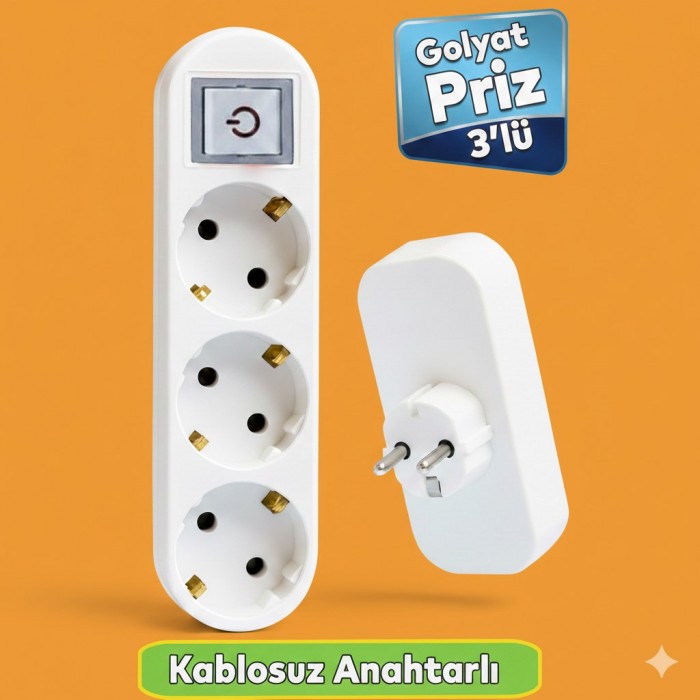 BEYAZ 3'lü Grup Priz Golyat Anahtarlı Düğmeli Fiş Priz Topraklı Çoklu Çoğaltıcı Kablosuz Üçlü Piriz