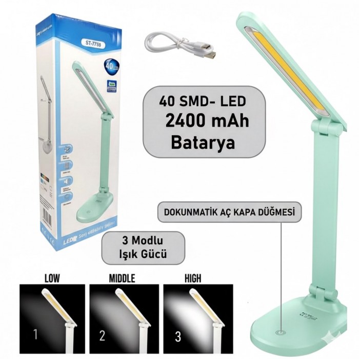 Şarjlı Masa Lambası Dokunmatik 3 Mod 40 led 2400mAh Güçlü Batarya Okuma Lambası Katlanır Masa Lambas