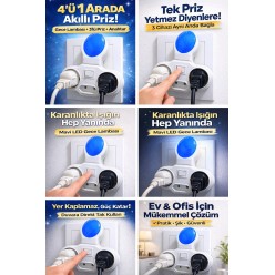 4’ü Bir Arada Gece Lambası 3’lü Golyat Priz | LED Işıklı, Anahtarlı, Mavi Işık, Çoklu Fiş Priz