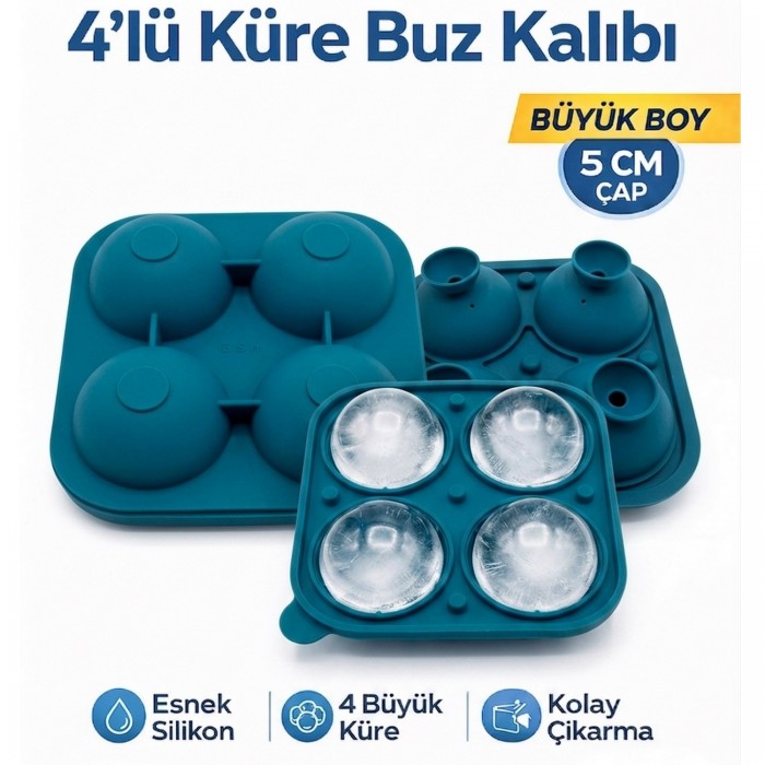 Büyük Boy Silikon 4 Lü Top Buz Kalıbı Buz Küpü Yuvarlak Buz Küpü Kalıbı BPA içermez Silikon