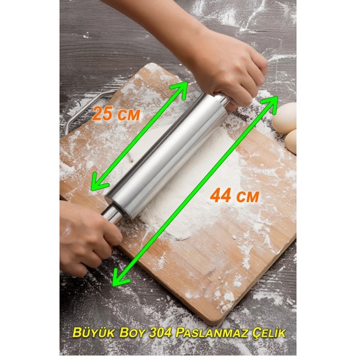 Büyük Boy Paslanmaz Çelik Merdane Ergonomik Döner Saplı Hamur Açma Rulosu Mutfak Şef Yardımcısı