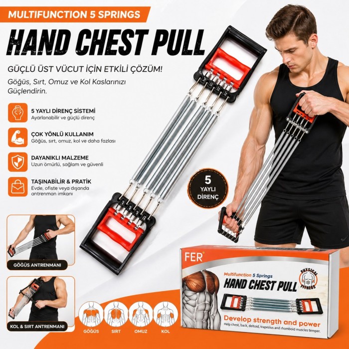 Göğüs Direnç Yayı 5 Metal Yaylı Spor Aleti El Bilek Kol Göğüs Sırt Geliştirici Kas Egzersiz Aleti