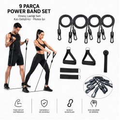 9 Parça Direnç Lastiği Seti Kapı Arkası Direnç Bandı SİYAH Power Band Set Kas Geliştirici Pilates