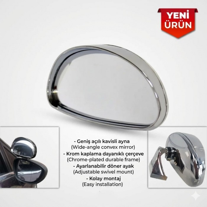 Kör Nokta Ayna Sürücü Kursu Eğitmen Ayna Üstü Dış Ilave Ayna Krom Nikel 14x7,5 Cm
