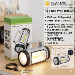 El Feneri Uzun Menzilli Solar Panelli Ultra Güçlü Ledli Şarjlı Fener Güneş Enerjili Fener