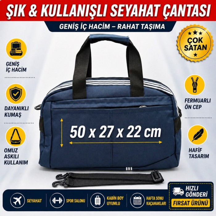 Lacivert Orta Boy Seyahat Çantası 50x27x22 cm El Valizi Spor & Yolculuk Çantası Çok Amaçlı Kullanım