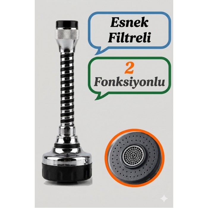 Esnek 2 Fonksiyonlu Metal Musluk Başlığı Filtreli Su Tasarruf Aparatı Tüm Musluklara Uyumlu 15 cm 