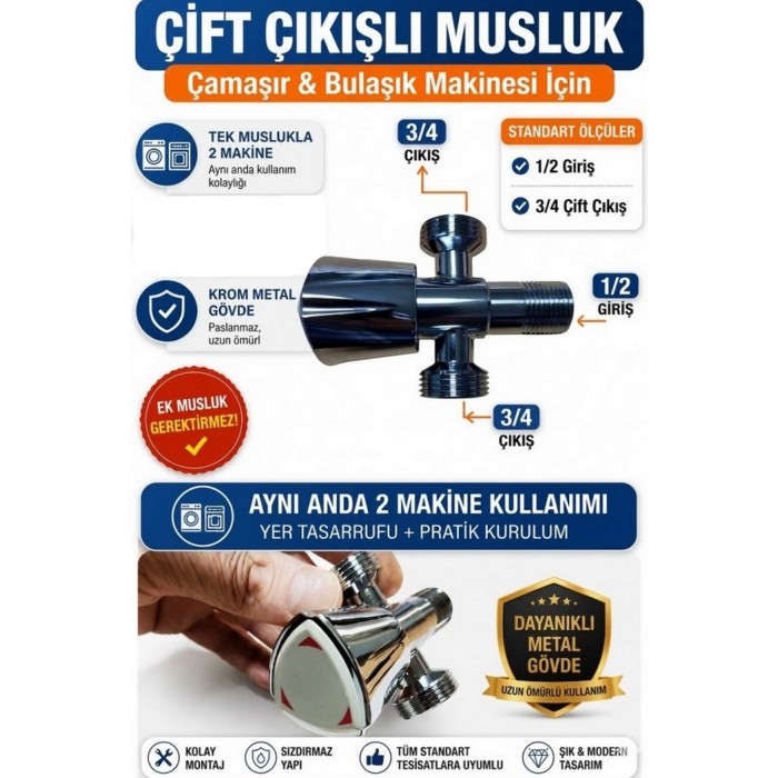 2 Çıkışlı Çift Su Girişli Çamaşır Ve Bulaşık Makine Musluğu Taharet Musluğu Taksimat Musluk