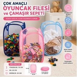 Büyük Boy Katlanabilir Oyuncak Filesi ve Çamaşır Sepeti 70cm Çok Amaçlı File Hurç Kirli Çamaşır Sepe