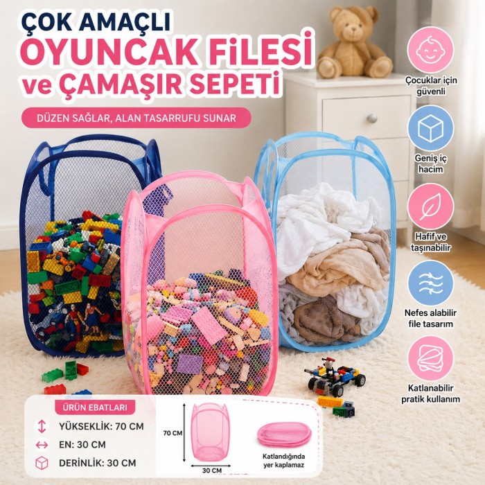Büyük Boy Katlanabilir Oyuncak Filesi ve Çamaşır Sepeti 70cm Çok Amaçlı File Hurç Kirli Çamaşır Sepe