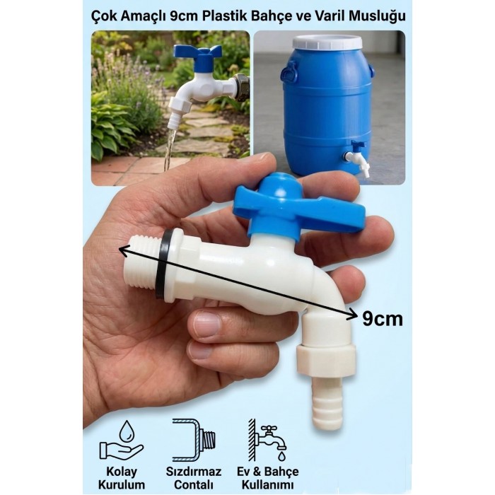 Plastik Bilyali Bahce Musluğu 1/2 Küresel Aç Kapa Musluk Başlığı Bidon Musluğu PVC Musluk 9cm