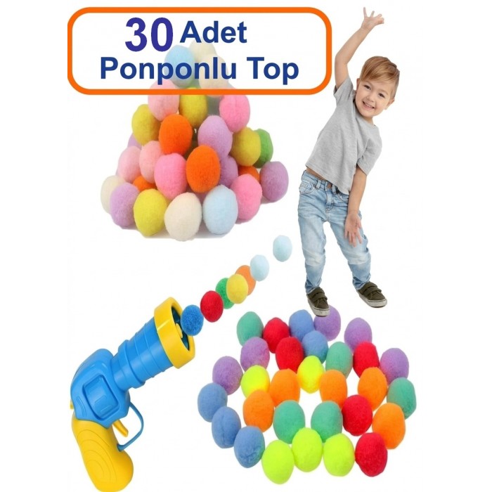 Oyuncak Peluş Ponpon Top Atan Fırlatan Ponpon Tabancası 30 Adet Ponponlu Oyun Oyun Topu 20 Adet Pluş