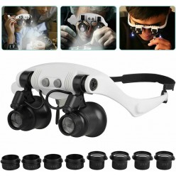 Işıklı Büyüteçli Gözlük 8 Farklı Cam Mercek Ayarlanabilir Kafa Büyüteci Lup Mercek Hareketli 2 Led