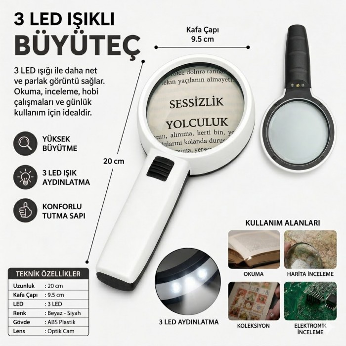 3 Ledli 10x95mm Işıklı Mercekli El Büyüteci Okuma Tamir Kitap Çalışma İçin Işıklı Okul Büyüteç 3 Ledli 10x95mm Işıklı Mercekli El Büyüteci Okuma Tamir Kitap Çalışma İçin Işıklı Okul Büyüteç