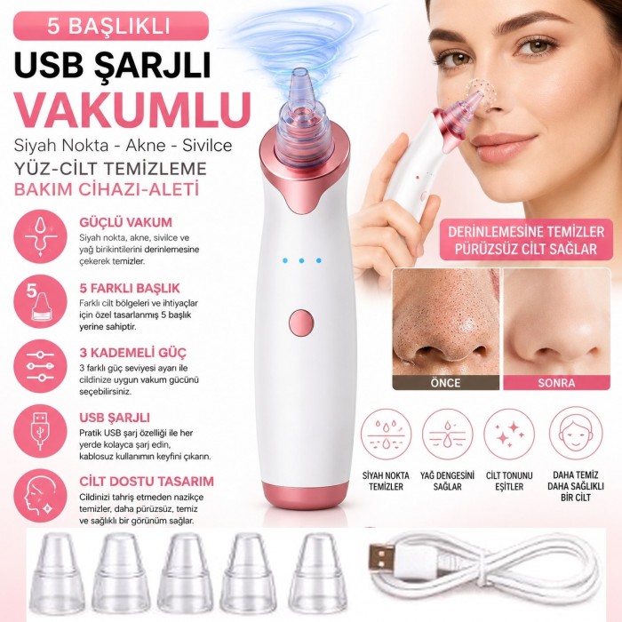 5 Başlıklı Şarjlı Vakumlu Siyah Nokta Akne Sivilce Clean Yüz Cilt Temizleme Bakım Cihazı Aleti Vakum