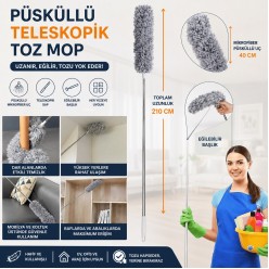 Mikrofiber Püsküllü Manyetik Anti-Statik Toz Alma Mopu 210 cm Teleskopik Uzayabilen Saplı Bükülebili