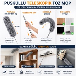 Mikrofiber Püsküllü Manyetik Anti-Statik Toz Alma Mopu 210 cm Teleskopik Uzayabilen Saplı Bükülebili
