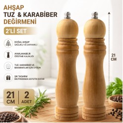 2 Adet Karabiber Tuz Kahve Baharat Öğütücü Ahşap El Değirmeni Tuzluk Biberlik Ahşap Büyük Boy 21 Cm