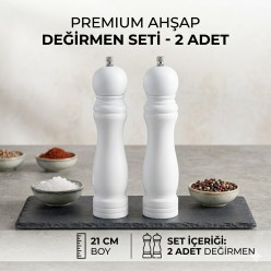 2 Adet Beyaz Karabiber Tuz Kahve Baharat Öğütücü Ahşap Manuel El Değirmeni  Tuzluk Biberlik 21 Cm