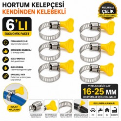 Hortum Kelepçesi 6'lı (Plastik Kelebek Bağlantılı) Paslanmaz Çelik Metal Hortum Kelepçesi 16-25 mm A
