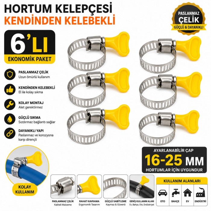 Hortum Kelepçesi 6'lı (Plastik Kelebek Bağlantılı) Paslanmaz Çelik Metal Hortum Kelepçesi 16-25 mm A