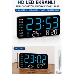 Hd Led Ekranlı Pilli Adaptörlü 2 Alarmlı Sıcaklık Tarih Göstergeli Mavi Beyaz Duvar Masa Saati Fonks