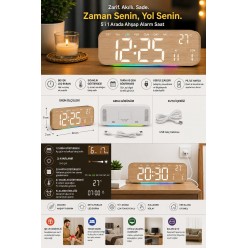 Büyük Ekranlı Ahşap Desenli Dijital Masa Saati 24x9x3 Cm Alarm Çalar Saat Rgb Renkli Led Işıklı Usb