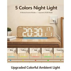Büyük Ekranlı Ahşap Desenli Dijital Masa Saati 24x9x3 Cm Alarm Çalar Saat Rgb Renkli Led Işıklı Usb