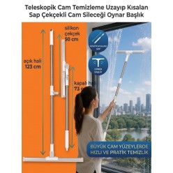 Teleskopik Cam Sileceği 123 Cm Uzayan Sap 50 Cm Silikon Çekçek Oynar Başlıklı Fayans Cam Temizleme A