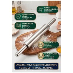 40 Cm Paslanmaz Metal Çelik Merdane Ergonomik Kulplu Çelik Profesyonel Hamur Açma Merdanesi Oklava