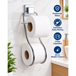 Güçlü Yapışkanlı Tuvalet Kağıtlığı - Yedekli Banyo Aksesuarı Yedekli  Krom Metal VC Kağıtlık